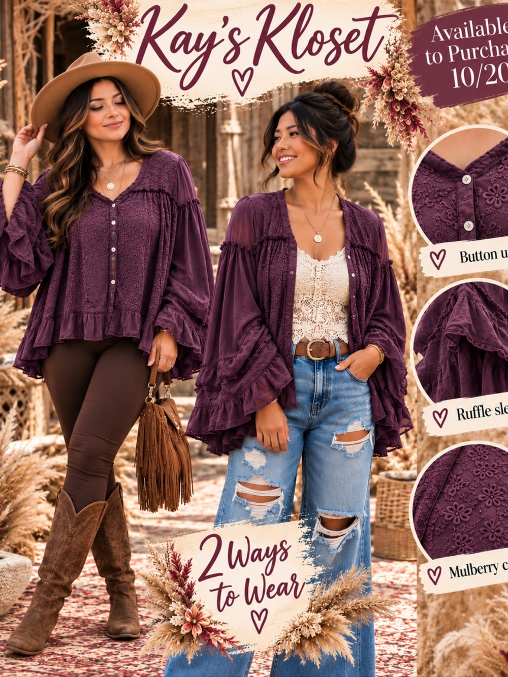 YW1–💜🔥 Mulberry Ruffle-Sleeve Button-Up Blouse